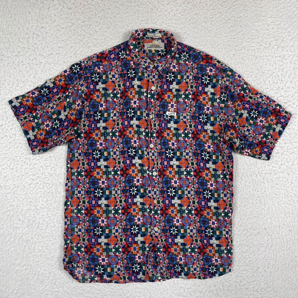 Guess Button Down Shirt Mens XL Multicolor Geometric Patchwork Vintage 90s Rayon